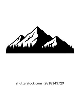 Black and white silhouette of towering mountain peaks with dense forest at the base, emphasizing natural landscape and wilderness scenery.