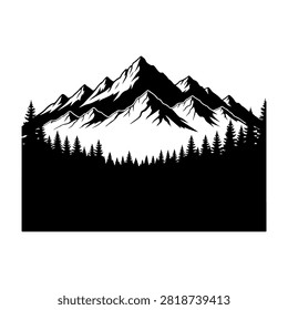 Black and white silhouette of towering mountains with dense forest in the foreground, showcasing natural landscape and wilderness beauty.