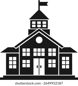 Black and White Silhouette of a Traditional School Building with Flag Icon