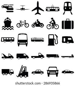 Black and white silhouette transport and travel related graphics collection isolated on white background