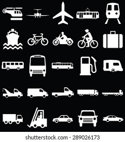 Black and white silhouette transport and travel related graphics collection isolated on white background