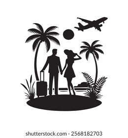 Black and white silhouette of a traveling romantic couple holding hands on a tropical beach. Isolated vector pair silhouette on white background. Traveling family illustration.