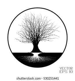 Black and White Silhouette of a Tree with Reflection. Element for Your Design. Vector Illustration