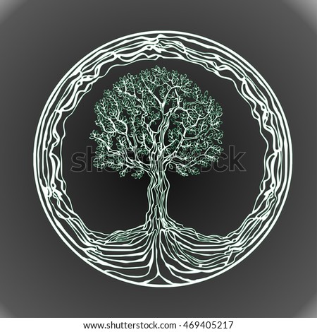 Black and white silhouette of a tree with roots. Tree icon on a black background. Vector.