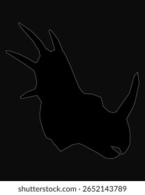 Uma silhueta preta e branca de uma cabeça de tricerátops destaca-se nitidamente contra um fundo escuro. O perfil detalhado do dinossauro apresenta chifres distintos e uma forte mandíbula.