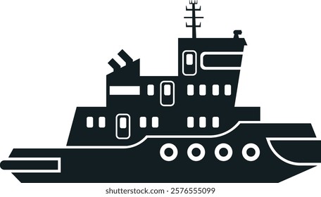 Black and white silhouette of a tugboat with detailed features, including windows and chimneys, set against a plain background. Ideal for maritime and nautical themed designs