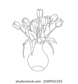 Black and White Silhouette of Tulips in a White Vase on a White Background