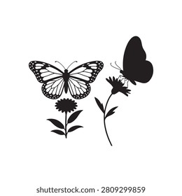 Black and white silhouette of two butterflies and flowers on white background butterfly monarch butterfly