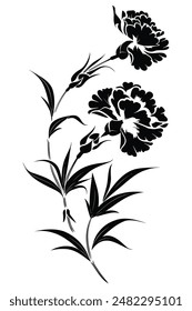 Black and white silhouette of two carnations growing on curved stems with leaves