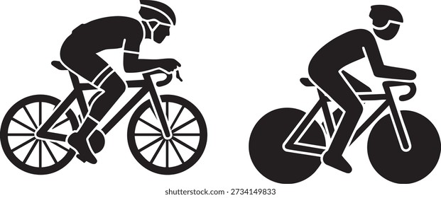 Black and white silhouette of two cyclists racing, showcasing speed and competitive cycling on bicycles.