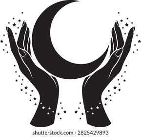 Black and white silhouette of two hands cupped together holding a large crescent moon surrounded by small scattered star shapes