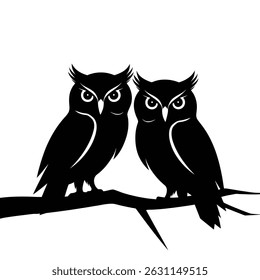 Black and white silhouette of two owls perched on a branch.