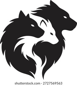 A black and white silhouette of two wolves in profile facing right with intertwined fur and sharp details