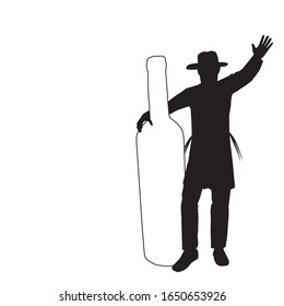 A black and white silhouette of an ultra-Orthodox Jewish Hasidic figure. Dancing with a huge bottle of white wine. Suitable for Jewish holidays, Purim, Passover, and Jewish wedding