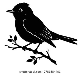 black and white silhouette vector of a acadian flycatcher bird on a branch