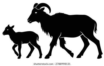 Black and white silhouette vector of a Aoudad sheep family