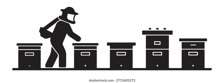 black and white silhouette vector of beekeeping, isolated on white background