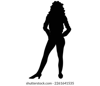 black and white silhouette vector design of a woman standing with long curly hair and wearing a jacket and tight trousers and high heels