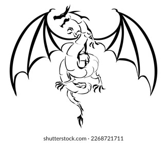 black and white silhouette vector design tattoo or symbol shape of a flying dragon with two wings and sharp horns