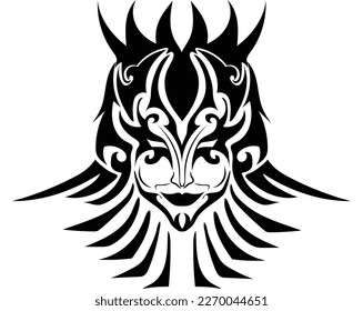 black and white silhouette vector design of a symbol or similar to a tattoo of a woman with a sharp crown and ornaments and carvings and symbols around her entire face and neck