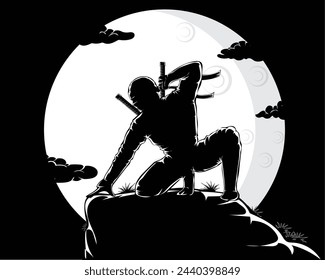 diseño vectorial de silueta en blanco y negro, vista nocturna con una gran luna y un ninja negro sentado en un acantilado rocoso mientras sostiene una espada que todavía está en su vaina