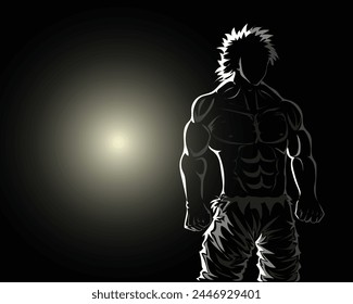 diseño de Vector de silueta en blanco y negro que muestra a una persona con un cuerpo vacío, musculoso y atlético de pie derecho con la espalda hacia una luz desde detrás de él