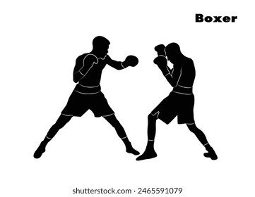 Diseño de Vector de silueta en blanco y negro de boxeadores golpeándose entre sí, silueta de boxeo. Aislado.