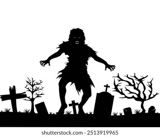 black and white silhouette vector design of grave area with gravestones and crosses and dry trees and a female zombie walking suitable for a Halloween theme