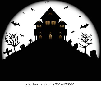 black and white silhouette vector design of a haunted house with orange window lights and a large moon in the background and in the yard there are headstones or graves as well as bats