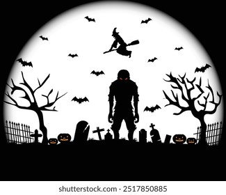 schwarz-weiße Silhouette Vektor Design von Friedhof Bereich mit vielen Grabsteinen und Kreuzen und trockenen Bäumen und viele Fledermäuse und Hexen und Zombies für Halloween-Thema