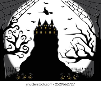 Diseño de Vector de silueta en blanco y negro de un castillo embrujado en un acantilado con dos árboles secos en el lado y una luna Grande en el fondo también hay murciélagos voladores y brujas