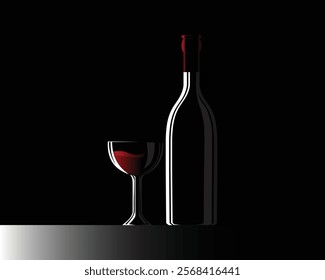 black and white silhouette vector design of a clear glass containing red wine and a wine bottle beside it