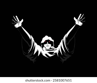 black and white silhouette vector design of a person in black robes similar to a priest or monk raising his hands up under the light