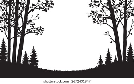 schwarz-weißer Silhouettenvektor eines Waldes im Herbst
