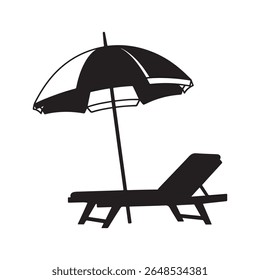 A black and white silhouette vector icon of a beach umbrella and a lounge chair on a white background