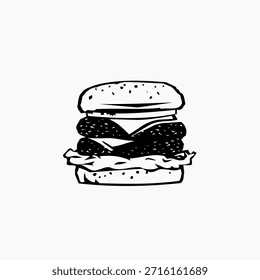 Icono de Vector de silueta en blanco y negro de una Grande hamburguesa apilada con dos empanadas, queso y lechuga en un bollo, que representa comida rápida o almuerzo.