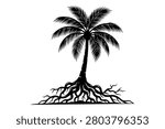 Black and white silhouette vector illustration of a single tropical palm tree standing strong with an extensive and detailed underground root system.