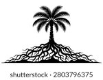 Black and white silhouette vector illustration of a single tropical palm tree standing strong with an extensive and detailed underground root system.