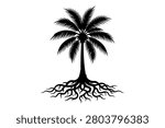 Black and white silhouette vector illustration of a single tropical palm tree standing strong with an extensive and detailed underground root system.