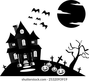 black and white silhouette vector illustration of Halloween haunted house, bats, and pumpkins, spooky house and graveyard