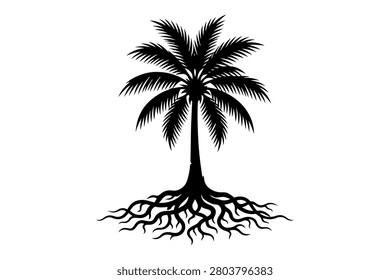 Black and white silhouette vector illustration of a single tropical palm tree standing strong with an extensive and detailed underground root system.