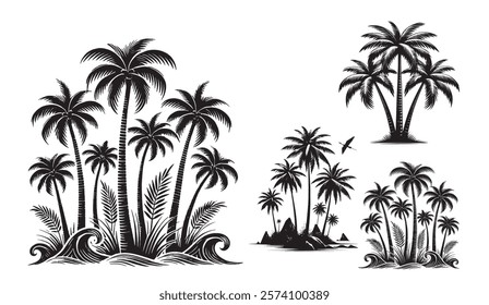 Black and White Silhouette Vector Illustrations of Tropical Palm Trees, Islands, and Ocean Waves, evoking a serene and exotic coastal paradise