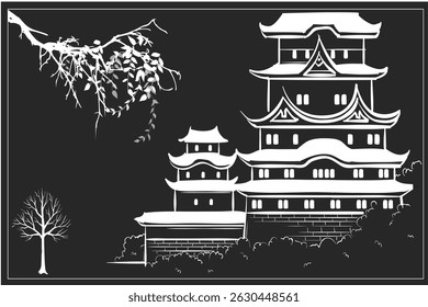 black and white silhouette vector. A Japanese-style castle stands majestically amidst the tranquility of nature. Hanging branches and leafless trees.