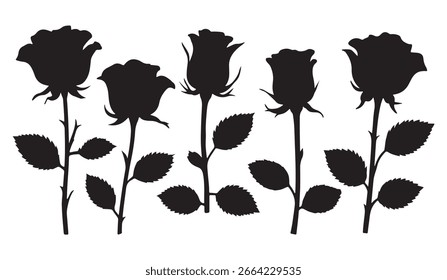 Conjunto de Vector de silueta en blanco y negro de flores de rosas