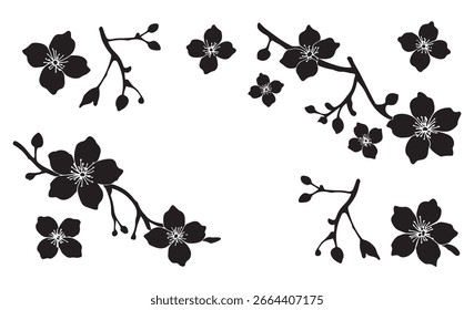 Conjunto de Vector de silueta en blanco y negro de flores de Sakura