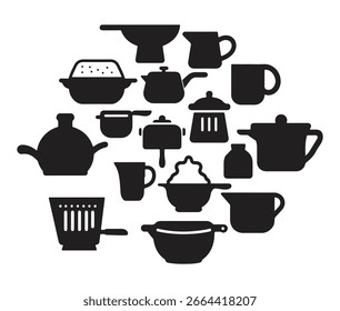 Conjunto de Vector de silueta en blanco y negro de utensilios de cocina