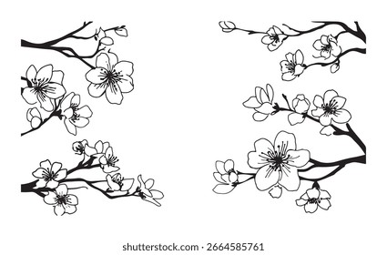 Conjunto de Vector de silueta en blanco y negro de flores de Sakura