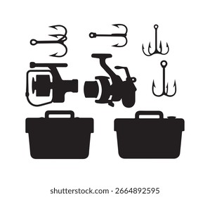 Conjunto de Vector de silueta en blanco y negro de equipo de pesca