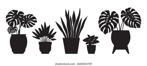 black and white silhouette vector set of houseplants
