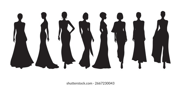 Conjunto de Vector de silueta en blanco y negro de siluetas de moda